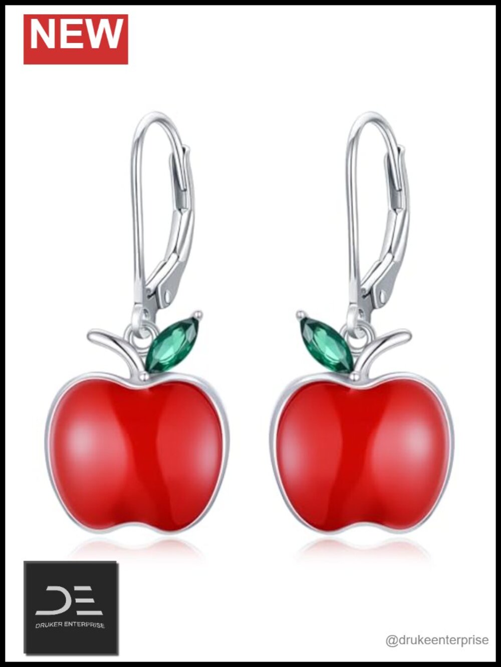 Red Apple Dangle Earrings 925 Sterling Silver Cubic Zirconia Drop Earrings for